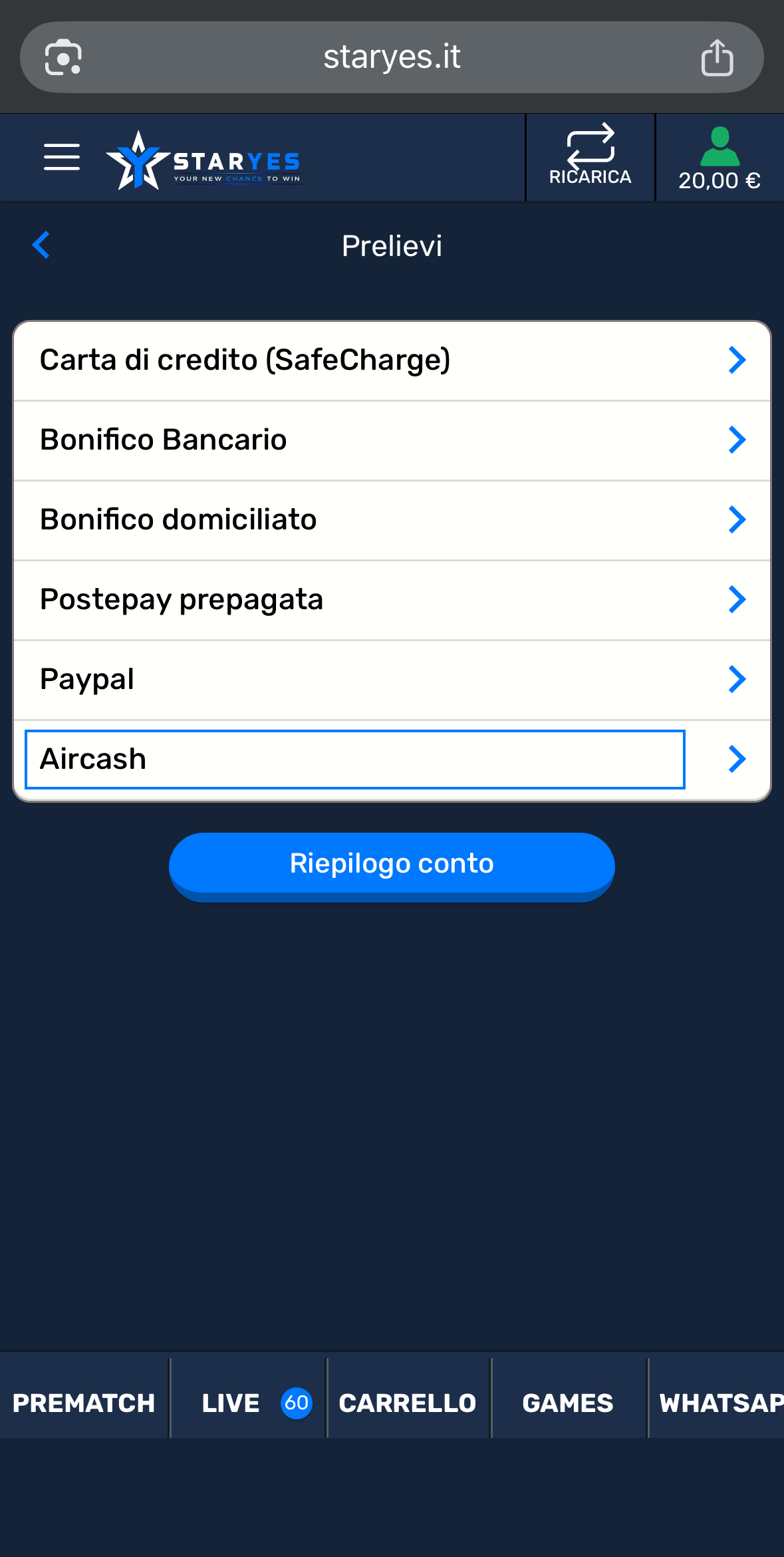 Selezione Aircash come metodo di prelievo su StarYes