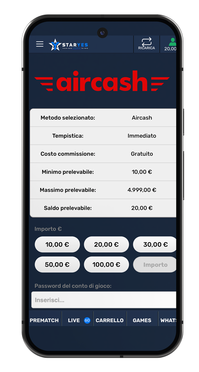 Prelievo Aircash su StarYes