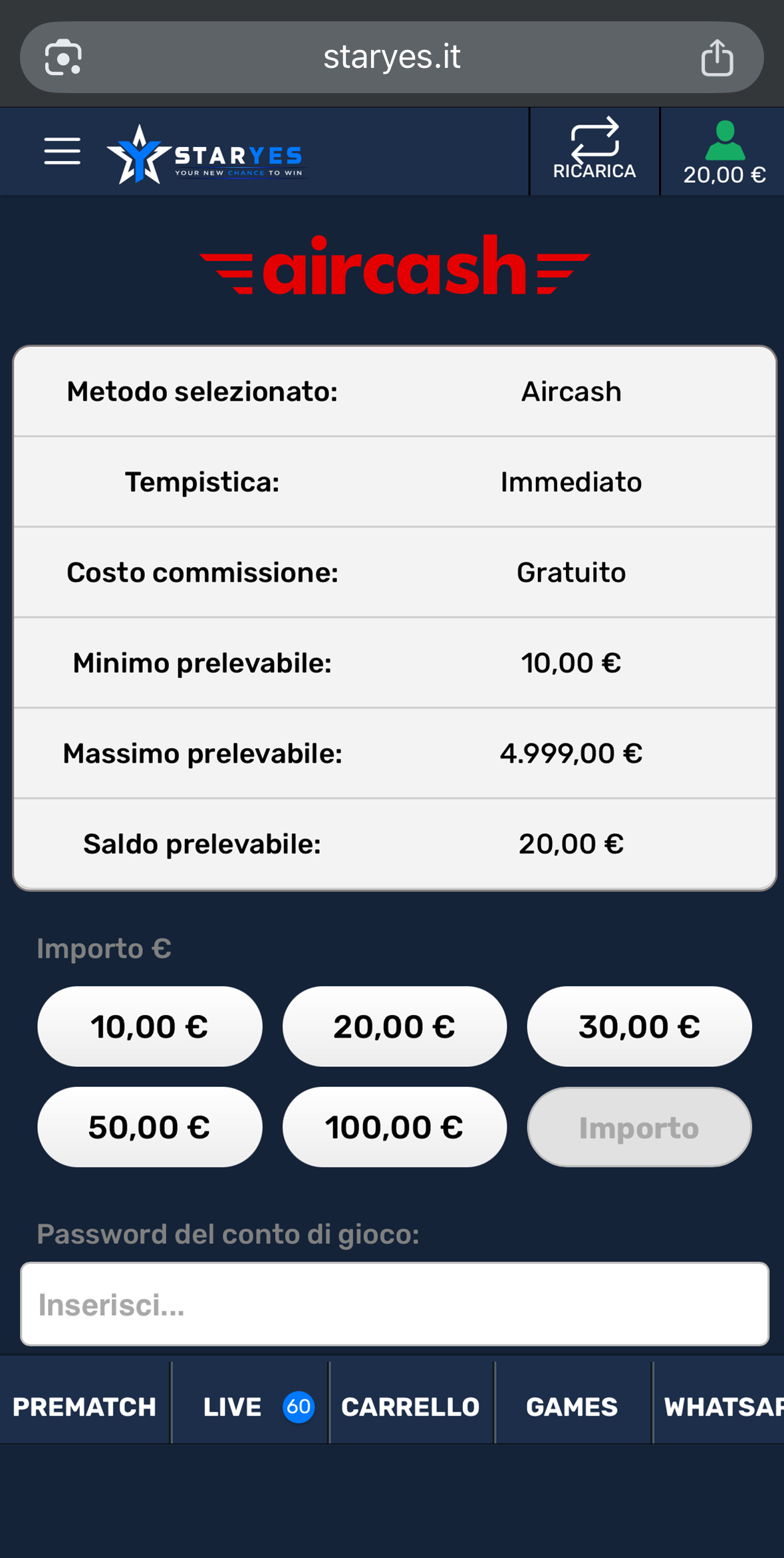 Inserimento importo e pre-autorizzazione Aircash