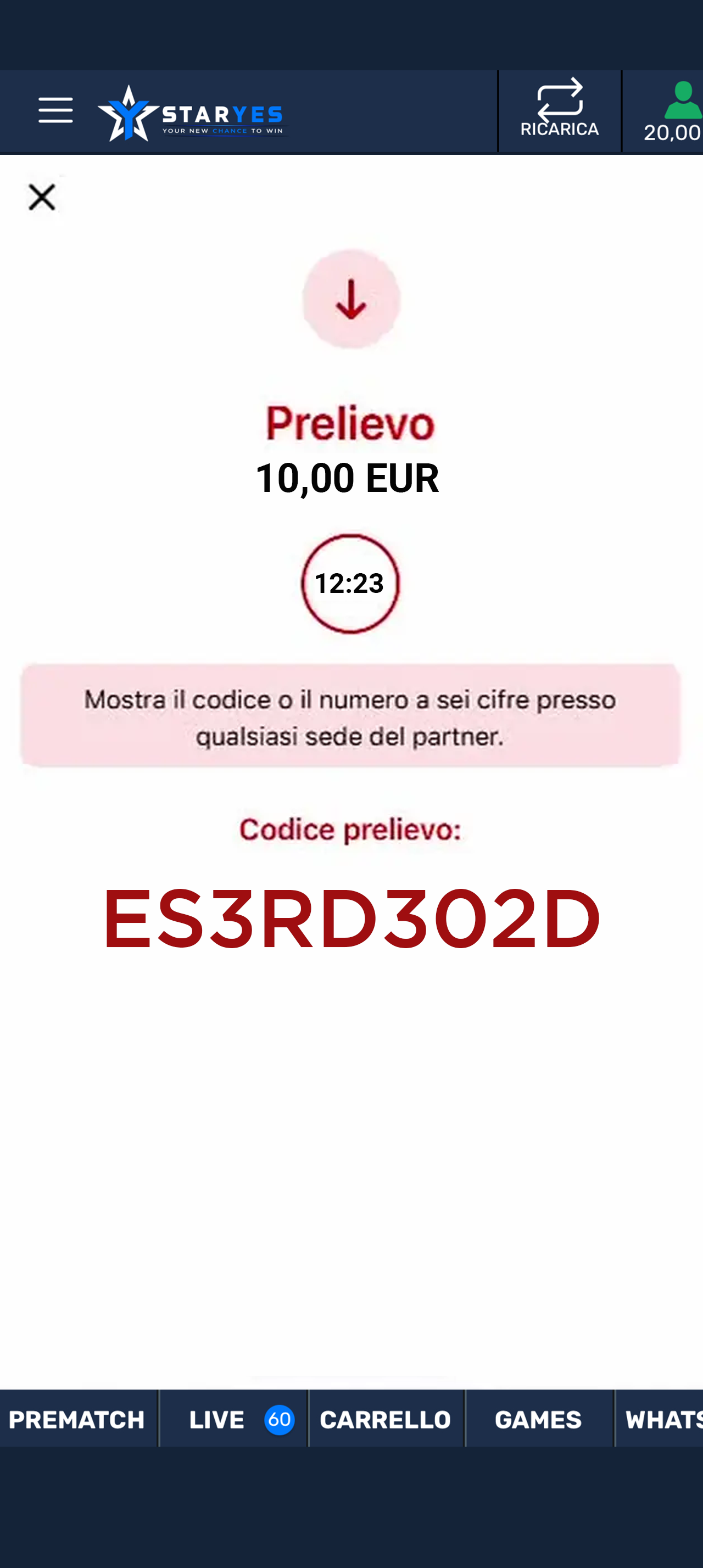 Codice PIN prelievo Aircash da mostrare al Punto Operativo