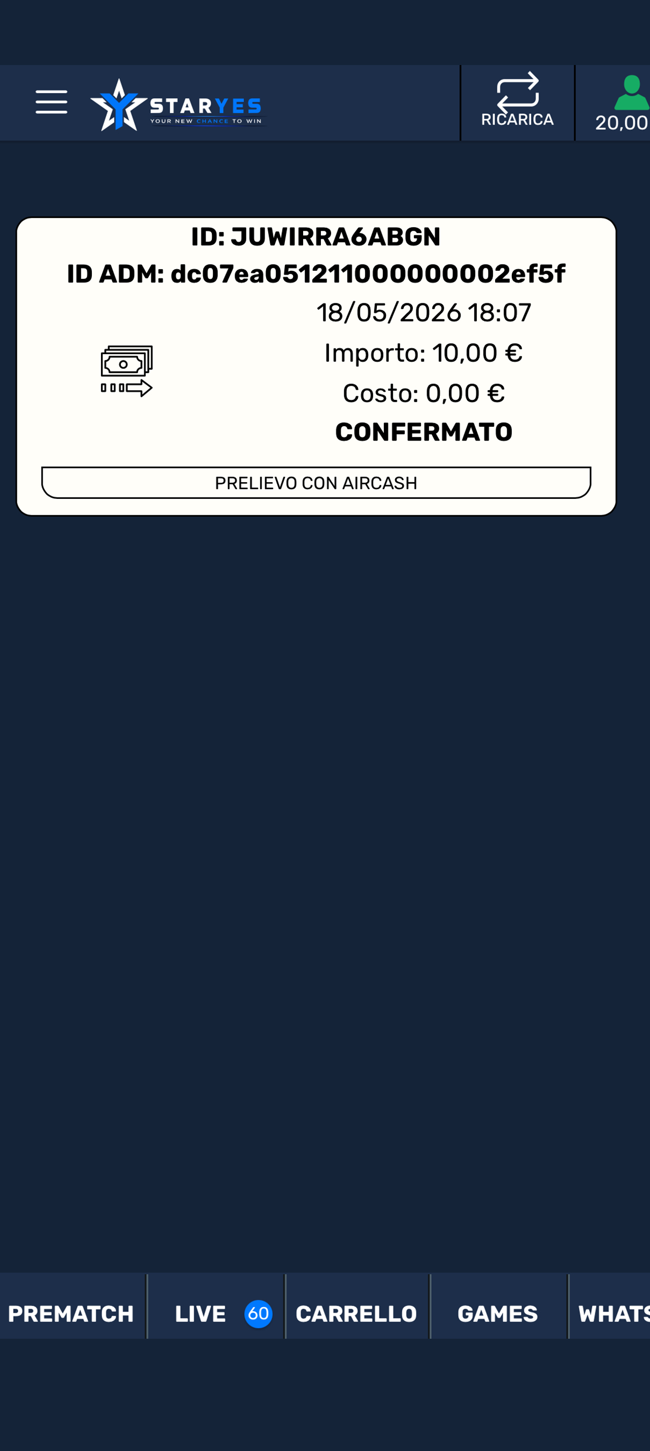 Prelievo Aircash completato ed estratto conto StarYes