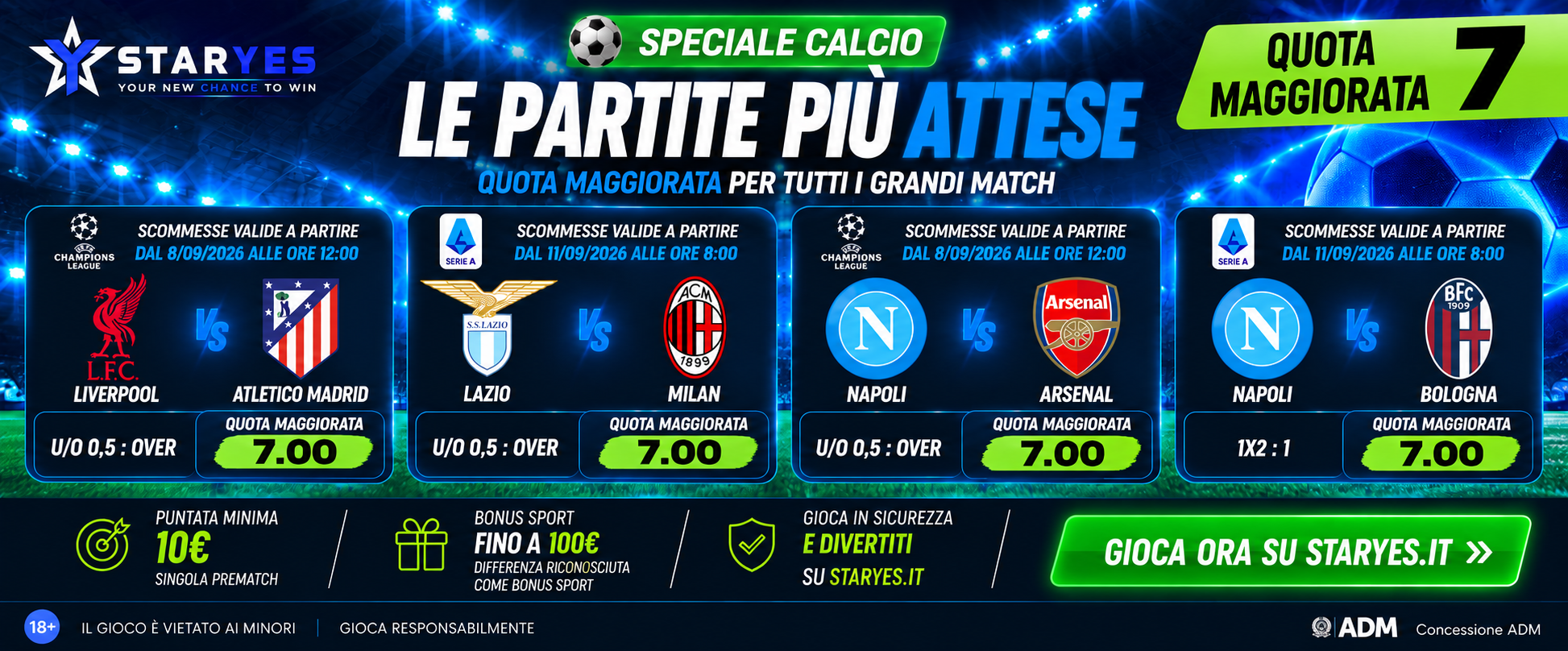 Speciale Calcio - 4 partite a quota maggiorata 7.00 su StarYes